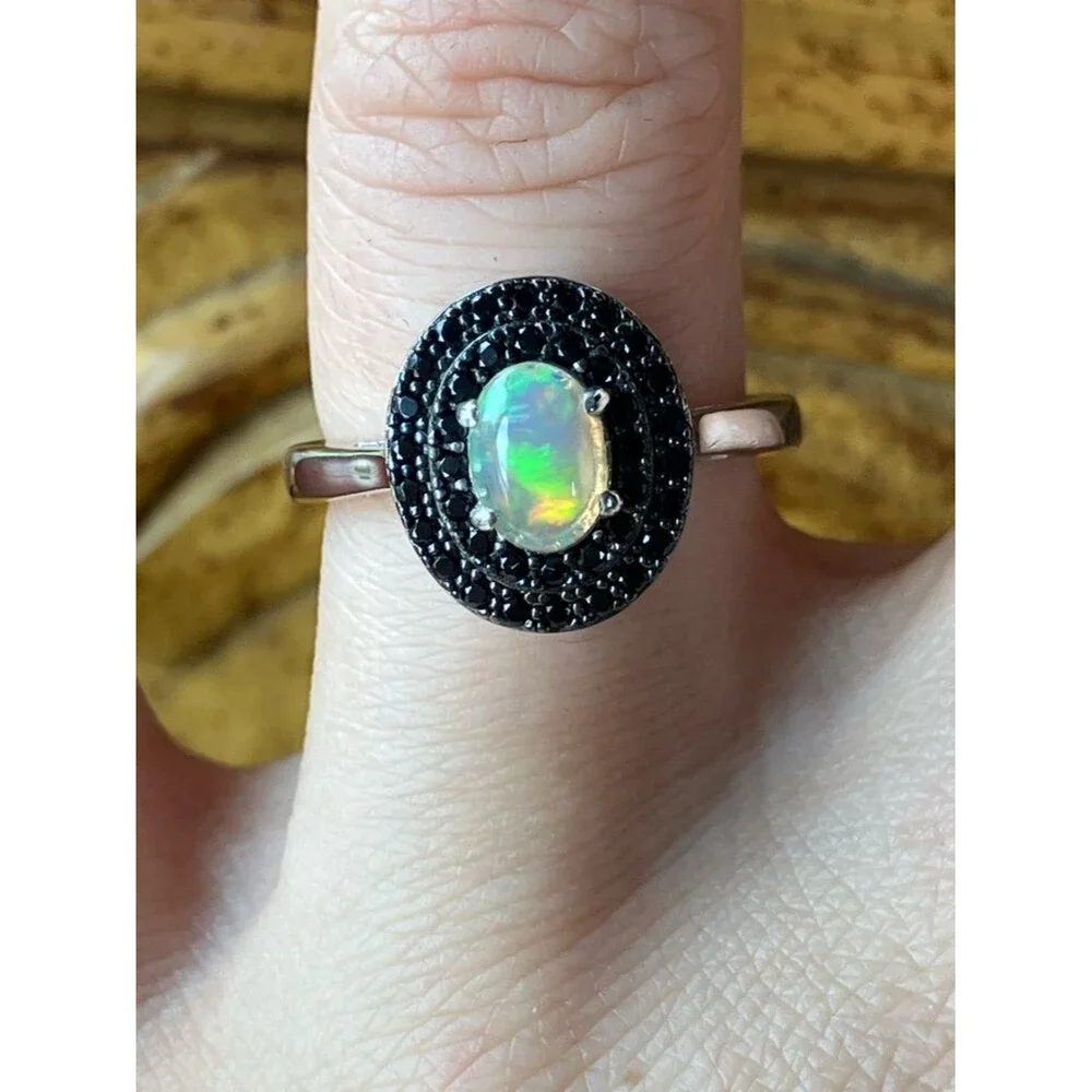 Natural Ethiopian Opal Black Spinel Sterling Silver Ring Size 6.75